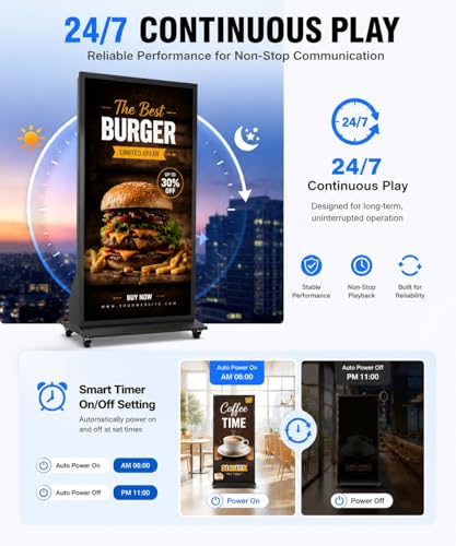 Image of 75 Inch Full Screen Digital Signage Display, 4K UHD Floor Standing Digital Poster Kiosk with Android System, WiFi, HDMI, USB Input, CMS Remote Management for Retail Stores, Hotels, Business