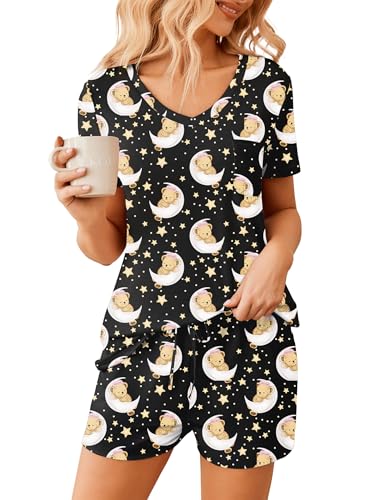 Image of Ekouaer Womens Pajama Sets Short Sleeve Pajamas for Women Sets Soft Lounge Sets Casual V Neck Sleepwear PJS