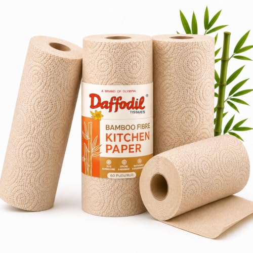 Image of Daffodil Bamboo -2 Ply Kitchen Towel Tissue Roll | 240 Pulls (60 pulls x 4 Rolls) | 100% Eco-Friendly - Pure Bamboo Pulp |Soft & Super Absorbent | Food Safe