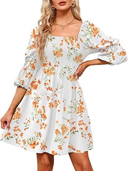 Robe plissée froncée style bohème col carré et manches bouffantes