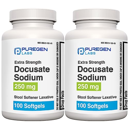 Image of Puregen Labs Docusate Sodium 250mg Stool Softener Laxative | 100 softgels | Gentle Constipation Relief | Extra Strength | Stimulant Free 2 Pack
