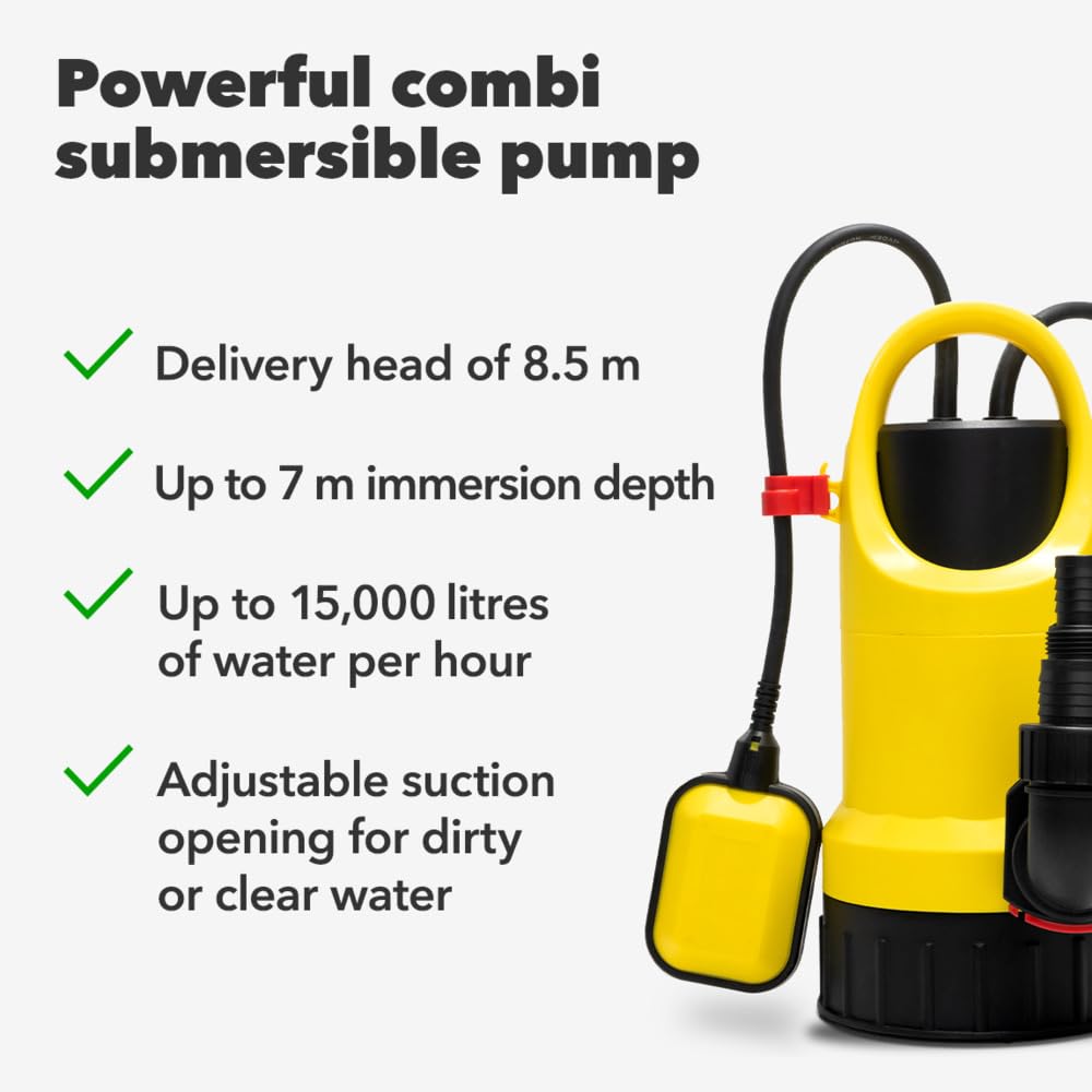 TROTEC Bomba sumergible TCW 900 – Bomba para agua clara/sucia – Caudal 15.000 l/h, potencia 900 vatios, profundidad de inmersión máx. 7 m, IPX8