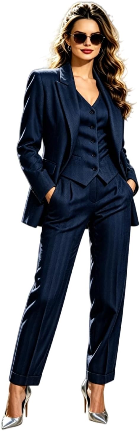 3 Piece Women Pants Suit Slim Fit Tweed Herringbone Blazer Vest Pants Business Suit