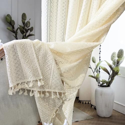 RunFar shop Lot de 2 rideaux bohèmes, lot de 2 unités, couleur beige, vintage, style français, crochetés, transparents, pour salon ou chambre, 140 x 150 cm...
