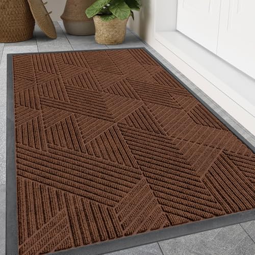 Image of Smiry Front Door Mat Outside Entrance, Heavy Duty Sturdy Natural Rubber Doormat, Trap Dirt and Moisture, Easy Clean Low Profile Mats for Indoor Outdoor Entry, Irregular Triangle (47x32, Deep Coffee)