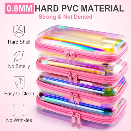 Image of Hoolerry 4 Pcs Hard Clear Zipper Case Makeup Bags Plastic Zipper Pouch Transparent Storage Box Containers for Cosmetics, Snacks, Building Blocks, Puzzles(Clear,7.5 x 3.9 x 2 in,Pink Laser)