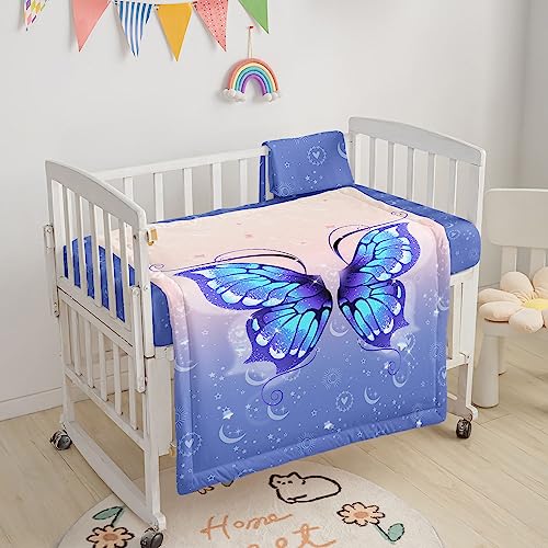 Image of Crib Bedding Set,3pcs Nursery Crib Bedding with Comforter Crib Sheet & Crib Skirt,Sparkle Blue Butterfly Printed Nursery Bedding for Baby Boys and Girls(Blue Butterfly)