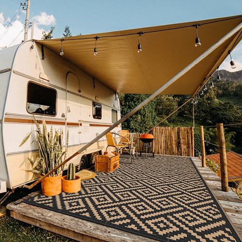 Image of GENIMO Outdoor Rug, Waterproof Plastic Rugs 8'x16' for Camping Black Brown