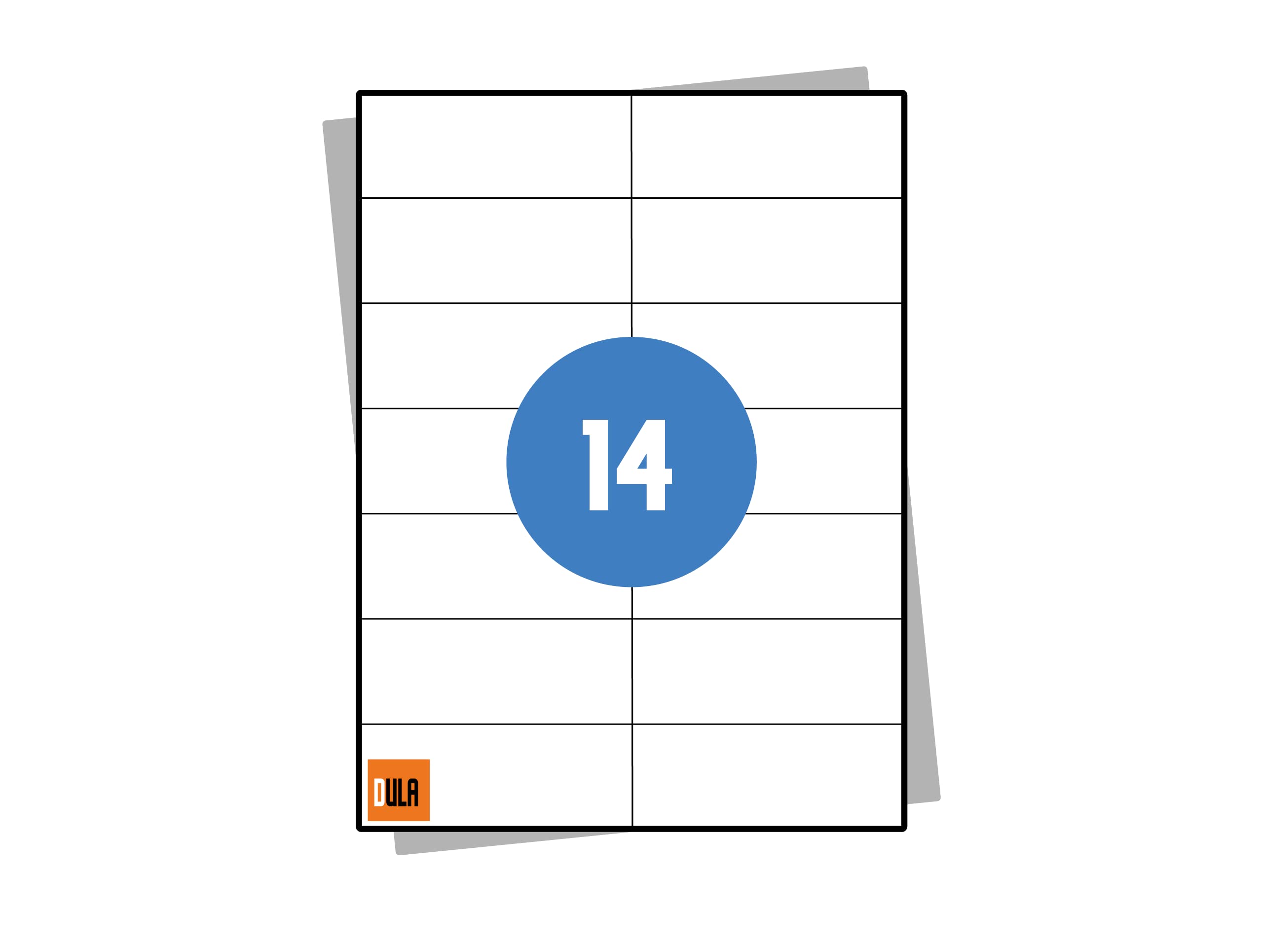 DULA Etiketten auf A4-Bögen, 14 Etiketten pro Blatt, 105 x 42.3 mm, Weiß, 1000 Blatt