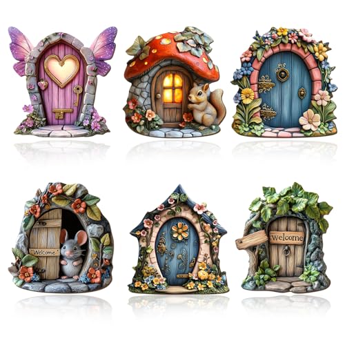 UJBVCX 6PCS Feentür Wichteltür Miniatur-Holztüren für Garten Vintage Elfen Tür Miniatur Yard Ornamente für Garten Yard Bäume Stil