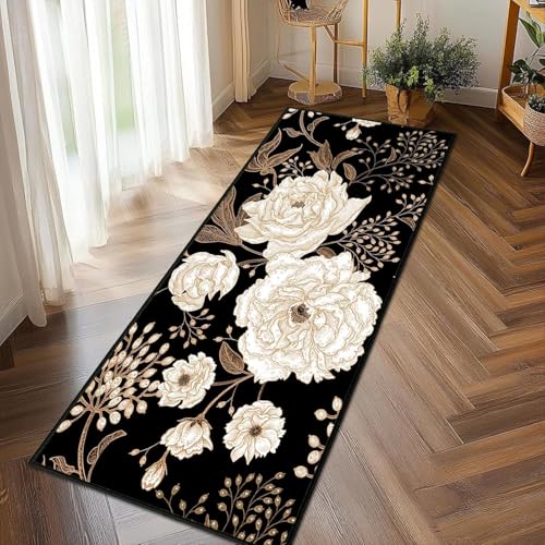 Image of Rugcomf Runner Rug for Hallways Kitchen Rug Non Slip 22 * 45 cm Washable Rugs with Rubber Backing Soft Floral Carpet Runner for Hallways, Kitchen, Laundry, Bedroom, Bathroom(Golden Black)