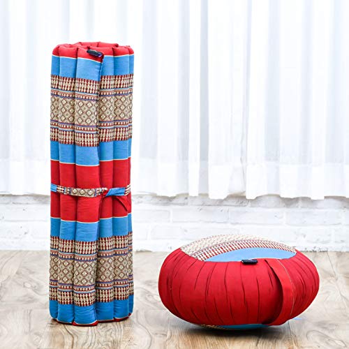Image of Leewadee Meditation Cushion Set - 1 Round Zafu Meditation Pillow and 1 Square Roll-Up Zabuton Meditation Mat, Pillows Bundle Filled with Kapok
