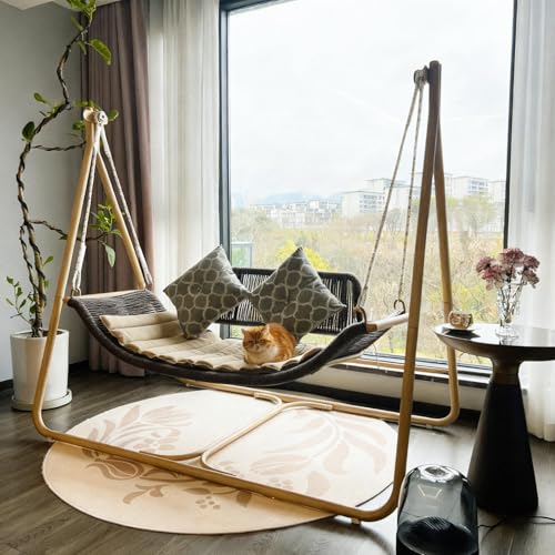 Image of PURPLE LEAF 2 Seat Porch Swing Outdoor Hand-Woven Rattan Bench Glider Loveseat Hanging Cloud Swing Chair with Stand for Indoor Backyard Garden Patio Hammock Swinging, Cushion and Pillows Included