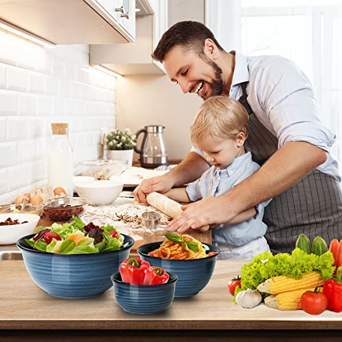 Hasense Large Mixing Bowls Set For Kitchen, Ceramic Serving Dishes For Entertaining, 2.1/1.0/0.5 Qt Deep Microwave Safe Nesting Batter Bowl For Storage And Baking, Blue #TOP5