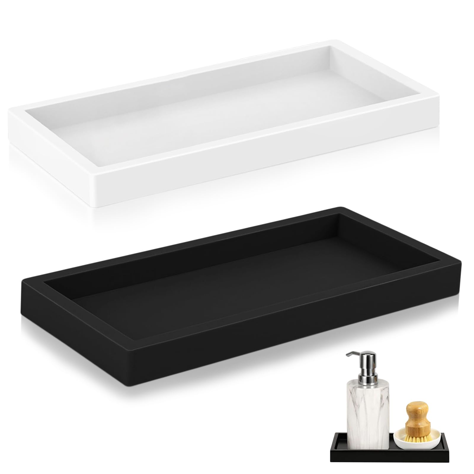 Bathroom Tray, 2 Pcs Silicone Vanity Tray, Silicone Bathroom Trays Organiser Shatterproof Sink Trays for Cosmetic Kitchen Bath Table Candles Towel Soap Perfume Jewelry (20 x 10 cm)