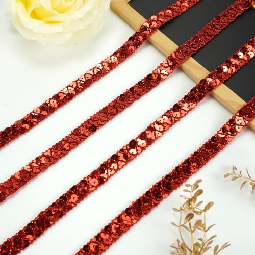 Qililandiy 13 Meter Einfassborte Spitze Pailletten Borte Band Fransen Borten Applikation 1.5cm X 13m für DIY Kleidung Gardine Vorhang Tischläufer Deko (Rot)