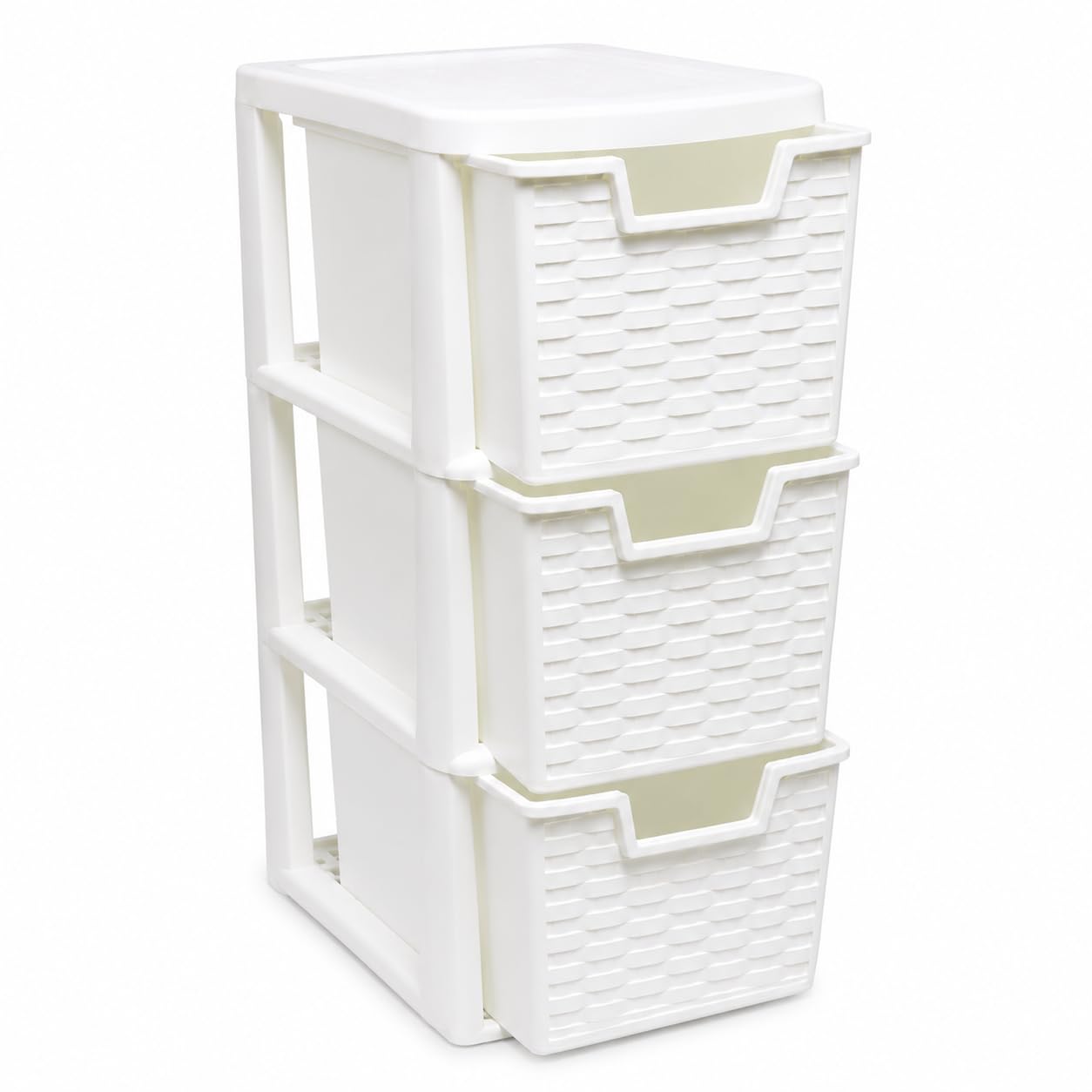 Ecom Valley 3 Drawer Medium Plastic Storage Drawers Stylish Space Saving Organiser Plastic Drawers for Bedroom Kitchen Office Bathroom Desk Multipurpose Storage Unit 48H x 19W x 25D cm,(Rattan White)