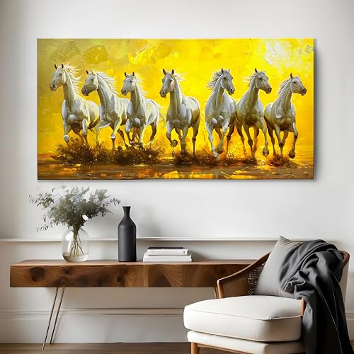 Image of PAINTINGMANTRA Vastu 3D White 7 Running Horses Painting for living room, Big size Seven Running Horses Wall Art painting for Home Decor Good Luck Success Prosperity Canvas Painting, Size 22x46 Inch