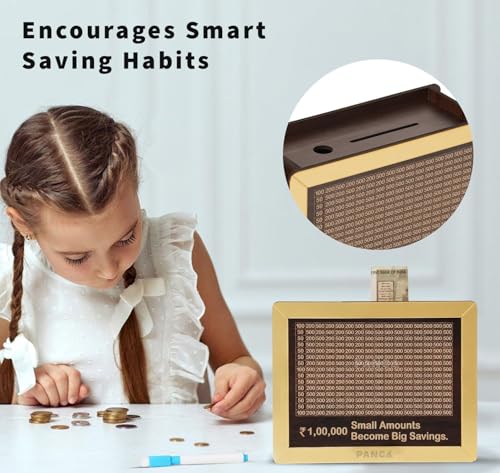 Image of PANCA Money Saving Box Wooden for Kids & Adults | Piggy Bank with Lock | Big Size 1 Lakh-2 Lakh Target Saving Box with Numbers | Undiyal Hundi for Home