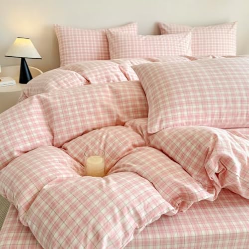 Image of PinkMemory Pink Gingham Plaid Duvet Cover Set King 100% Washed Cotton Cute Pink Checked Bedding Duvet Cover Set for Girls with Pillowcases-Ultra Soft Breathable Zipper Closure Corner Ties