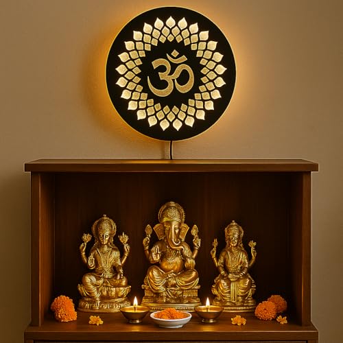 Image of Om LED Backlit Mandir Decor | Moon Wall Lights for Home Decoration | Wall Lamps for Bedroom & Living Room | No Adapter Required