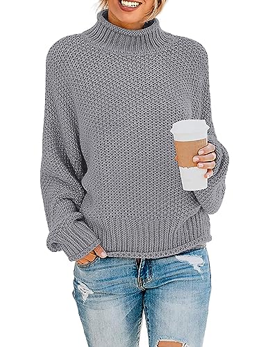 ZESICA Women's Turtleneck Batwing Sleeve Loose Oversized Chunky Knitted Pullover Sweater Jumper Tops,Grey2,Medium