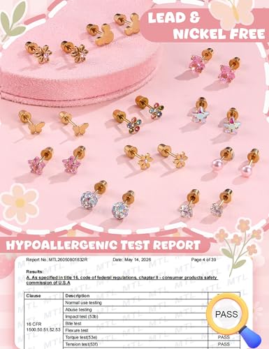 Image of CASSIECA 16 Pairs Hypoallergenic Screw Back Earrings for Women Girls 316L Stainless Steel CZ Ball Heart Flower Screwback Flat Back Stud Earrings Jewelry Gift Women Multicolored Pink