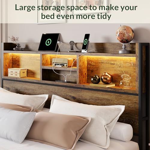 LARMACE Queen Size Bed Frame with 6 Storage Drawers and Headboard Wooden Platform Bed Frame with LED Lights and Charging Station Easy Assembly/No Box Spring Needed/Vintage Brown - Image 6