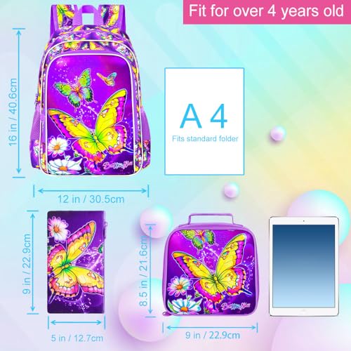 Image of 3Pcs Butterfly Backpack for Girls, 16 inch Kids Bookbag with Lunch Box，School Backpacks for Elementary Preschool Kindergarten (Purple)