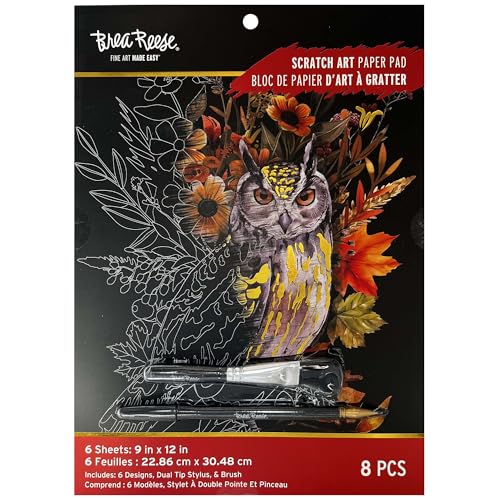 Brea Reese: Scratch Art Paper Pad - Autumn Equinox - 6 Designs Guided Art Metallic Accents Stylus & Brush Perforated 9x12 Pages DIY Adult Craft