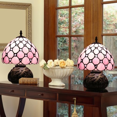 Ppbmocw Small Tiffany Lamp,Stained Glass Table Lamp for Living Room,Bedside,Reading,8 Inch Vintage Mini Mushroom Desk Light Included 3 Color Temperatures E27 Bulb (Pink) - Image 2