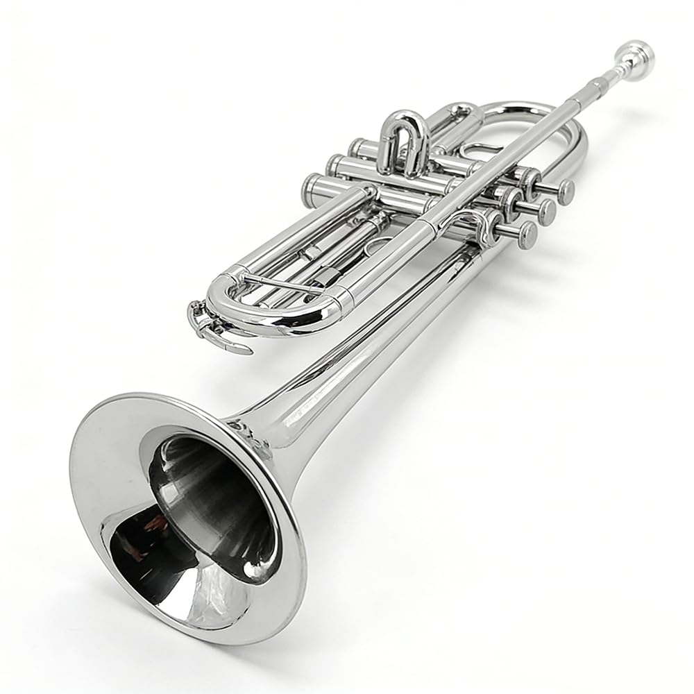 Ensemble de trompette en si bémol standard pour débutants, étudiants, trompette en laiton, si bémol avec embouchure 7C, chiffon de nettoyage, gants et étui de transport rigide (argent)