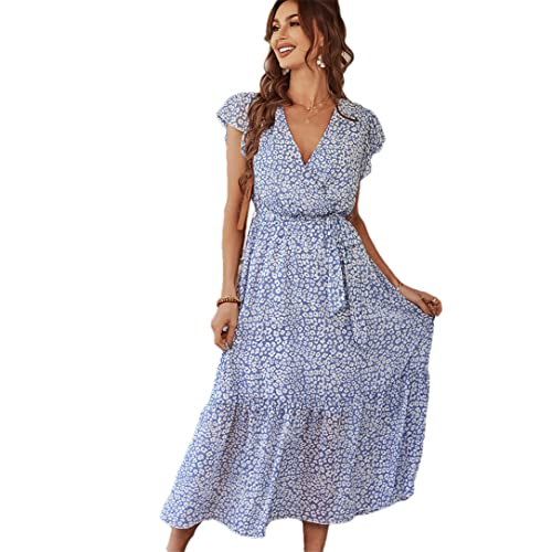Robe longue confortable bleu M col en v pour masquer les rondeurs avec style