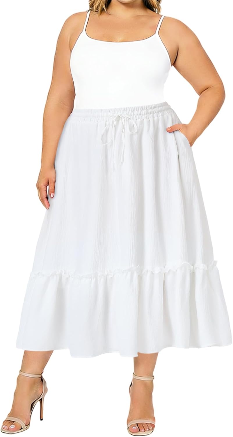 Moon Wood Women's Plus Size Midi Skirt- High Waist Tiered A-Line Flowy Ruffle Skirt with Pockets (Floral & Solid)