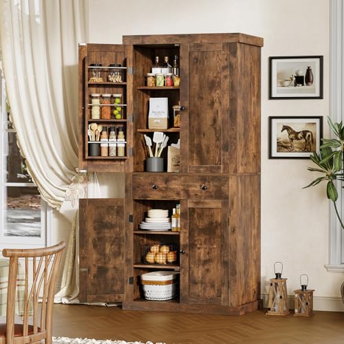 usikey-72-Kitchen-Pantry-Cabinet-Tall-Storage-Cabinet-with-4-Doors-and-1-Drawer-Freestanding-Cupboard-with-6-Hanging-Shelves-and-Adjustable-Shelves-for-Kitchen-Living-Room-Rustic-Brown usikey 72 Kitchen Pantry Cabinet Tall Storage Cabinet with 4 Doors and 1 Drawer Freestanding Cupboard with 6 Hanging Shelves and Adjustable Shelves for Kitchen Living Room Rustic Brown