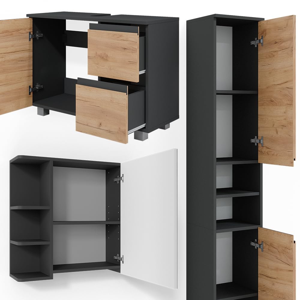 Ensemble Meubles Salle De Bain Vicco J-shape – Anthracite/chêne – 4 Pièces