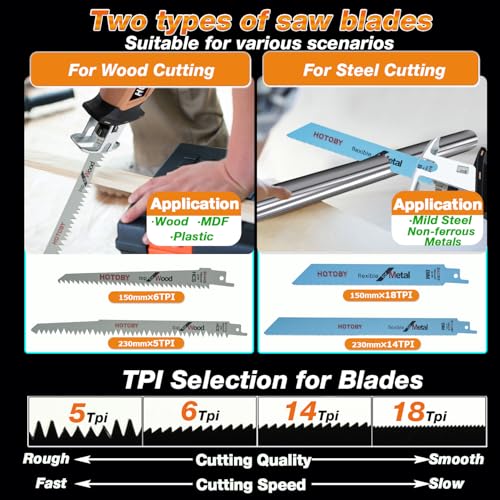 Image of Reciprocating Saw, Cordless, Electric Reciprocating Saw with 2 Batteries, Includeds 8 Blades Kit, Tool-free Blade Change, Variable Speed, Multi-Purpose, For DIY Wood Metal PVC Cutting (Orange)
