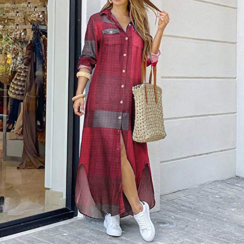 HUIOP Vestido feminino vintage, Vestido de camisa feminina vintage xadrez com correntes estampadas g