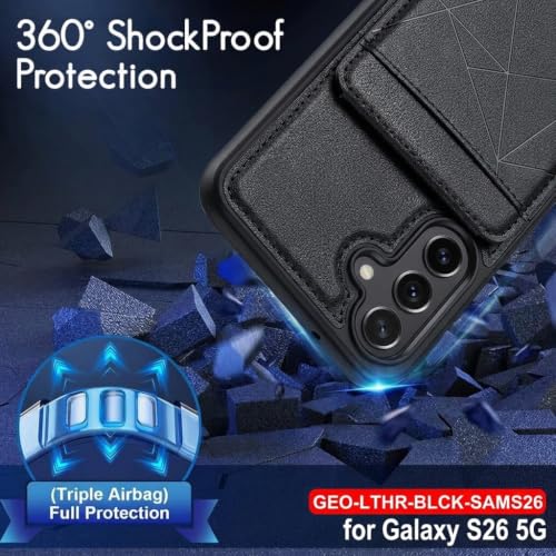 Image of amazon basics Premium Vegan Leather Back Cover with Card Holder and Integrated Mobile Stand for Samsung Galaxy S26 5G - Slim Shockproof Wallet Case with Geometric Stitching [Black]