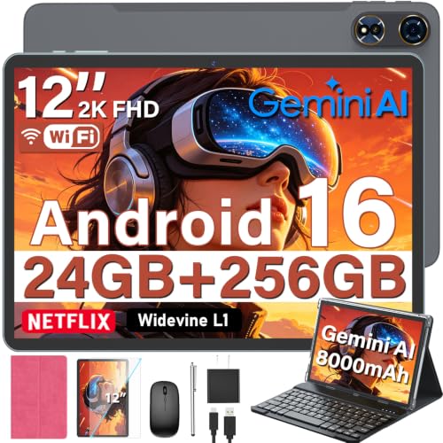 Image of 2026 12 Inch Android 16 Tablet with Keyboard, 24GB+256GB+2TB Expand, 2K Tablets PC with Gemini AI, Octa-Core, 8000mAh, 120Hz 2000x1200, GPS, GMS, 2 in 1 Large Tablets with Case, Mouse, Stylus(Pink)