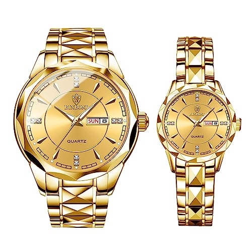 Ibohevo Couple Watches Gift Set: His and Her Rhombus Quartz Analog Stainless Steel Luminous Hands Date 3 ATM Waterproof Business Casual Men Women Watch Sets