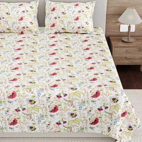 Image of Living Roots Ethnic Jaipur Block Print Double Cotton Bedsheet & 2 Pillow Covers, for Mattress Upto 6 inches Thick, No Colour Bleeding, Off White Colour, King Size 90 * 108 inches, 120TC (617-C)