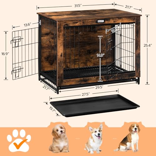 HOOBRO Dog Crate Furniture, 32.5" Medium Dog Kennel Indoor, Wooden Cage with Pull-Out Tray, Double Doors Pet House Side End Table for Medium/Small Dogs, Rustic Brown BF802GW03G1 - Image 6