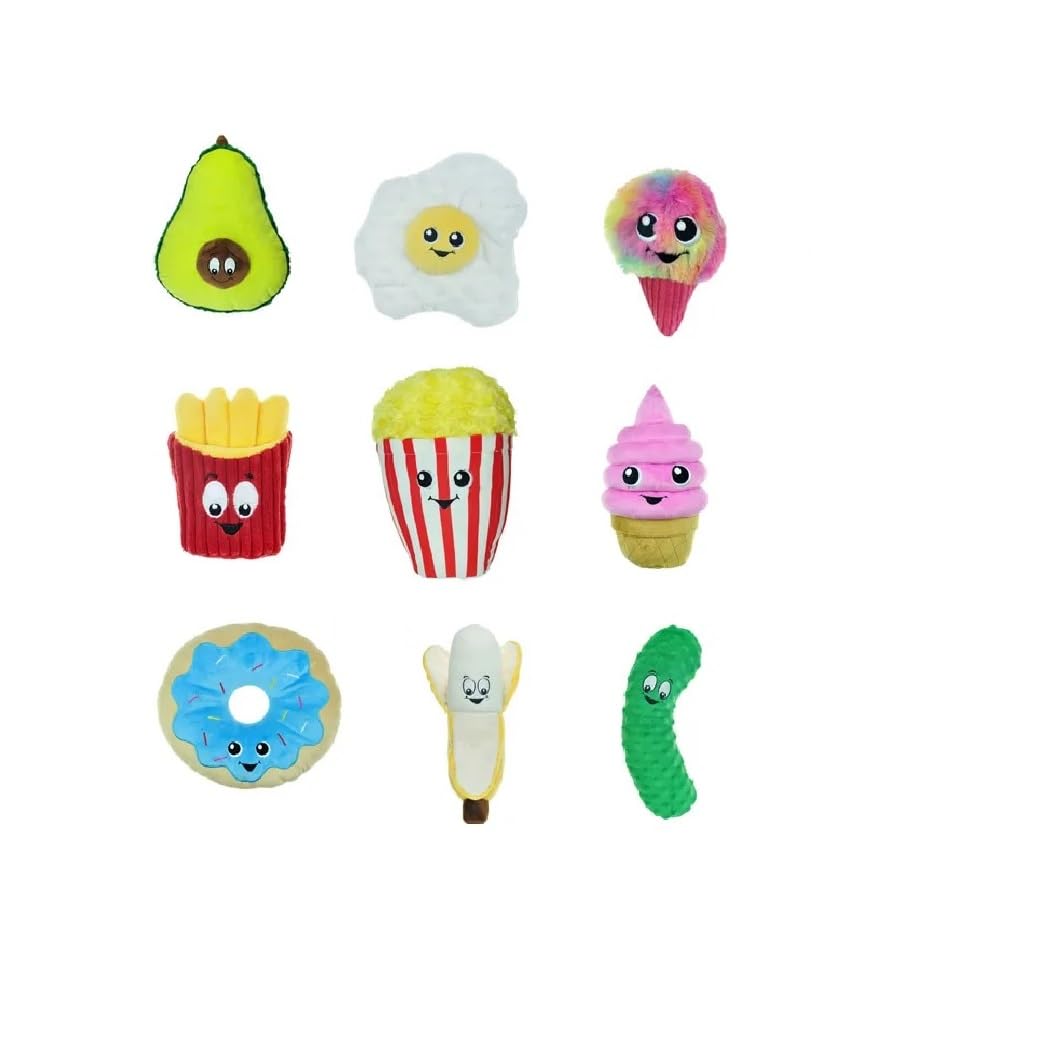 PUREPET Plush Squeaker Toys for Small to Medium Dogs Food Junkies Funny Snack Characters Full Set - All