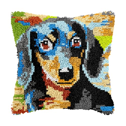 Image of bositigo Dog Latch Hook Pillow Kit for Adults & Kids, DIY Pre-Printed Canvas Craft, 17x68 Inch Decorative Cover for Sofa Cushions, Bedroom Decor (Dog Pattern 52)