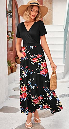 Image of WNEEDU Women's Summer Maxi Dress Short Sleeves Wrap V Neck Long Dresses with Pockets