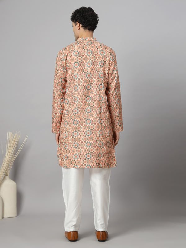 Image of Vastraa Fusion Men's Printed Kurta Pure Cotton Long Kurta, Round Collar, Full Sleeves, Button Kurta, Ethnic Wear