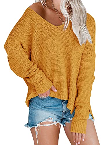 Image of Women's Off Shoulder Knit Sweaters Oversized V Neck Long Sleeve Loose Lightweight Pullover Tops