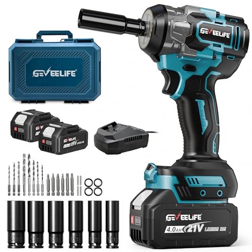 GEVEELIFE Impact Wrench 480Ft-lbs(650N.m) Brushless, 1/2 Impact Gun with 2x4.0Ah Battery, Cordless Impact Wrench, 6 Sockets, 8 Drill Bits, 3300RPM Power Electric Impact Driver for Car/DIY Furniture