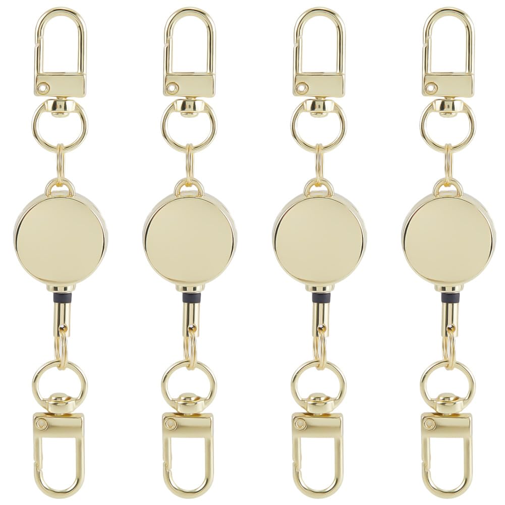 SUNNYCLUE 1 Box 4Pcs Gold ID Badge Clip Retractable Badge Holders Bulk Metal Alloy Heavy Duty Key Reel Holder Clips with Double Swivel Clasps for DIY Crafts Keychain Making Office Employee Supplies